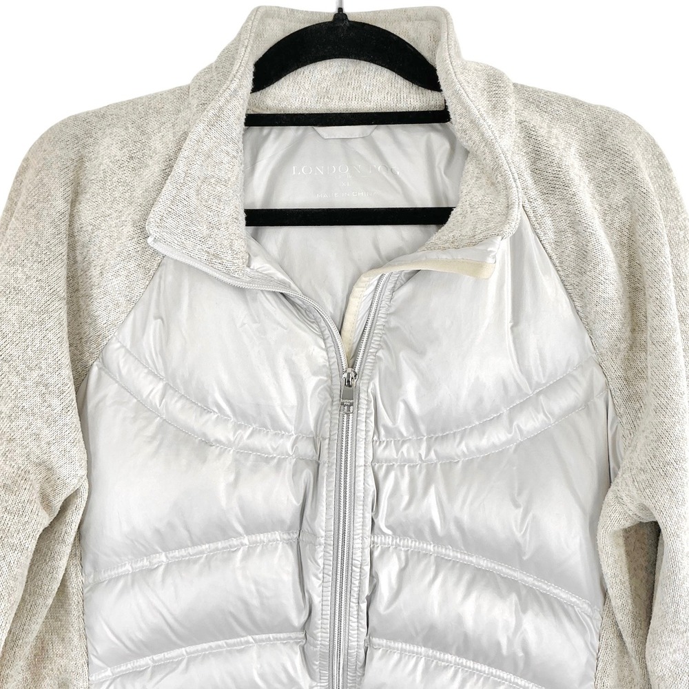 London Fog Women's XL Down Puffer Jacket Ivory Knit Sleeve Full Zip‎